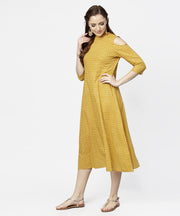 Yellow printed 3/4th cold shoulder sleeve cotton maxi dress
