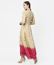 Cream & Red  printed 3/4th sleeve cotton maxi dress with red printed border