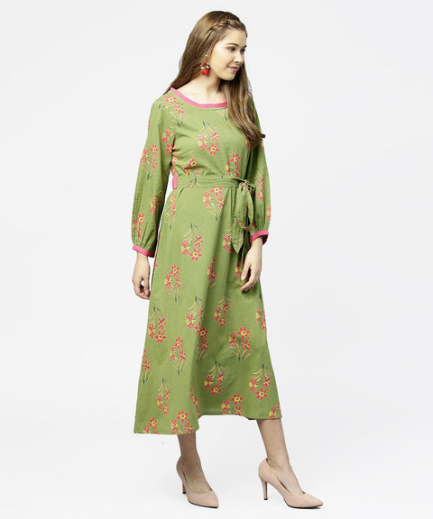 Green printed 3/4th sleeve cotton maxi dress with belt