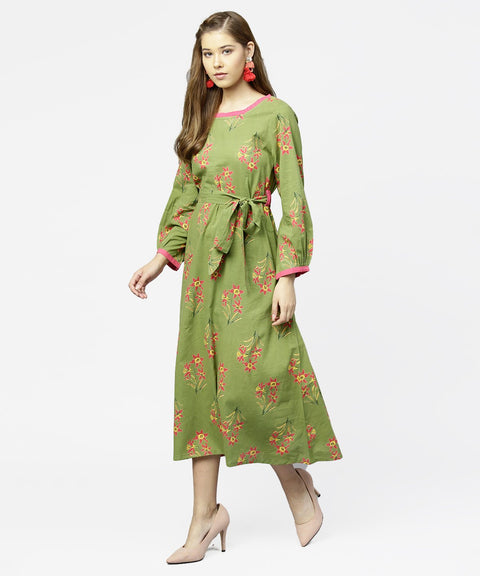 Green printed 3/4th sleeve cotton maxi dress with belt