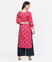 Pink 3/4th sleeve cotton printed kurta with black printed ankle length pallazo