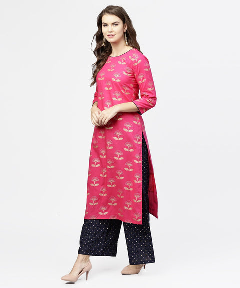 Pink 3/4th sleeve cotton printed kurta with black printed ankle length pallazo