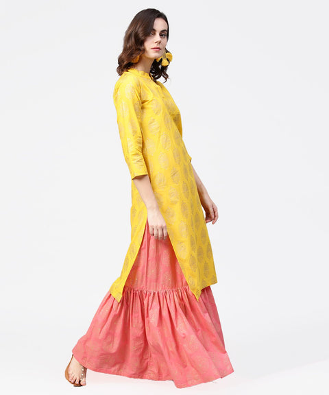 Yellow golden printed 3/4th sleeve kurta with pink ankle length sharara