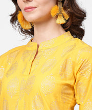 Yellow golden printed 3/4th sleeve kurta with pink ankle length sharara