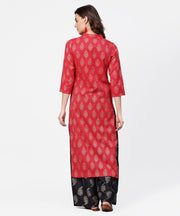 Pink printed 3/4th sleeve cotton kurta with black printed pallazo