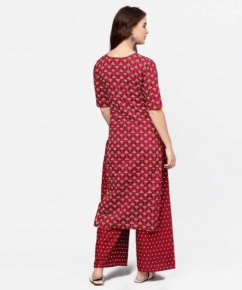 Red printed half sleeve cotton kurta with printed ankle length pallazo
