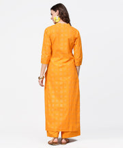 Yellow 3/4th sleeve printed straight kurta with flared ankle length pallazo