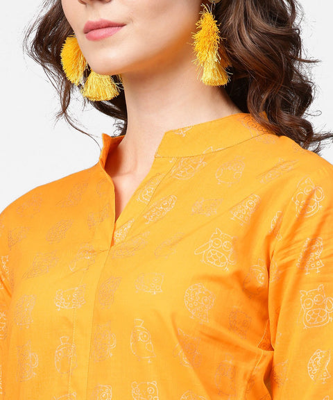Yellow 3/4th sleeve printed straight kurta with flared ankle length pallazo