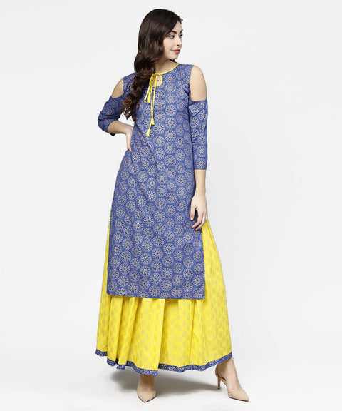 Blue printed 3/4th cold shoulder sleeve kurta with yellow flared skirt