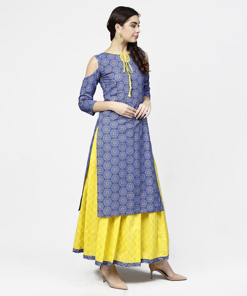 Blue printed 3/4th cold shoulder sleeve kurta with yellow flared skirt