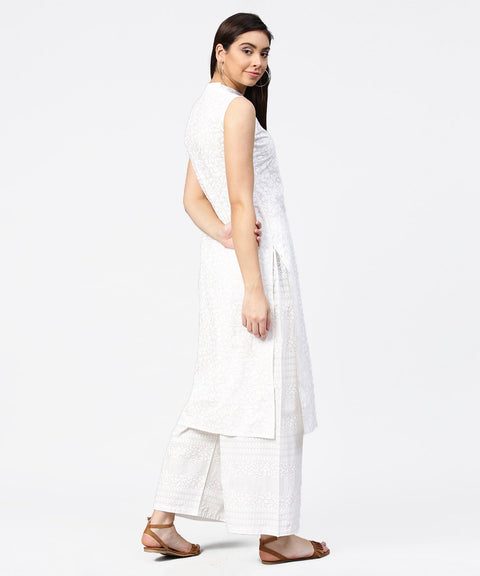 Off white printed sleeveless cotton kurta with ankle length pallazo