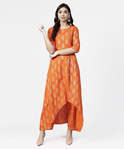 Orange printed 3/4th sleeve assymetric kurta with ankle length pant