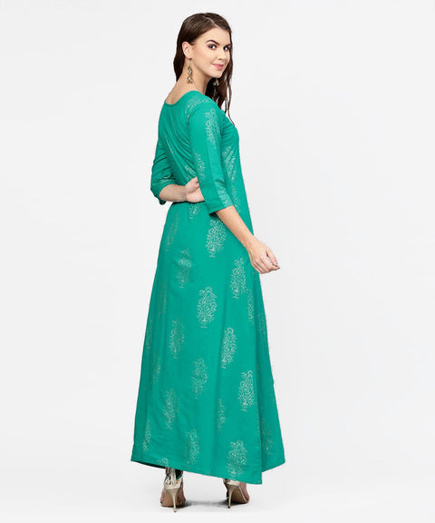 Green 3/4th sleeve cotton Assymetric kurta with black printed skirt