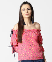 Pink printed half sleeve top with adjustable drawstrings neckline