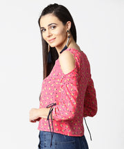 Pink printed cold shoulder top with key hole neck & adjustable drawstrings gathered sleeves