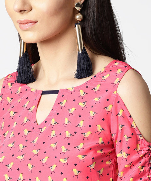 Pink printed cold shoulder top with key hole neck & adjustable drawstrings gathered sleeves
