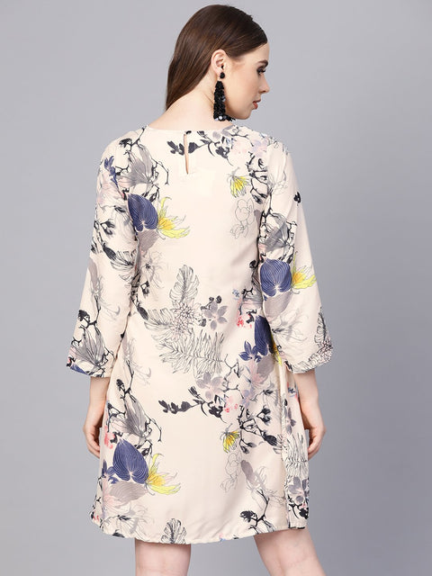 Off white printed 3/4th sleeve A-line dress