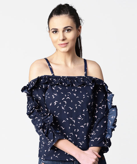 Cold shoulder navy blue printed draw string top with ruffled neck & sleeve