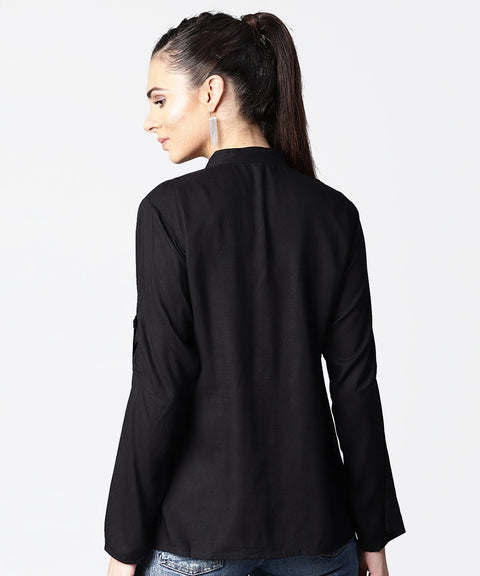 Black full sleeve rayon tops with printed yoke