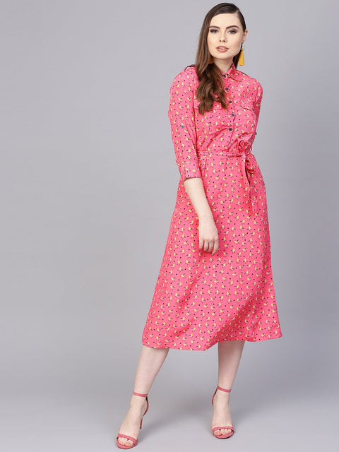 Pink 3/4th sleeve A-line dress with belt