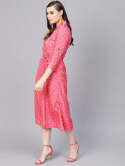 Pink 3/4th sleeve A-line dress with belt