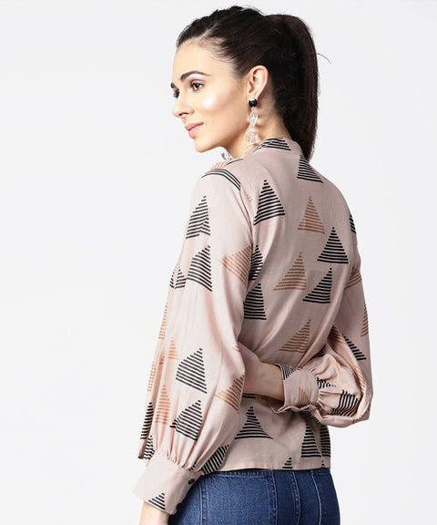 Beige full sleeve tops with button at yoke