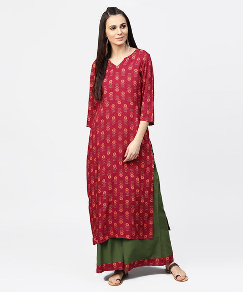 Maroon printed 3/4th sleeve cotton kurta with green ankle length palazzo
