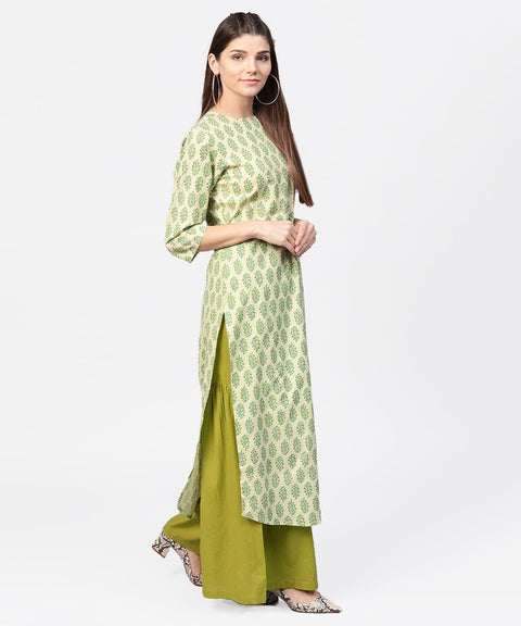 Green printed 3/4th sleeve cotton straight long kurta