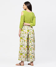 Green 3/4th cold shoulder sleeve crop top with ankle length printed palazzo