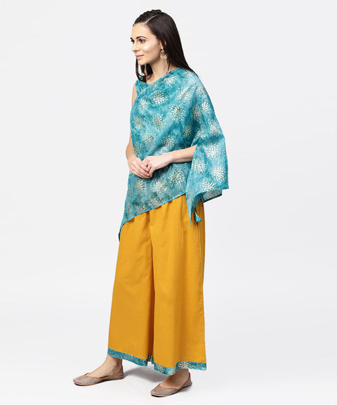 Blue boho poncho style tops with yellow ankle length palazzo