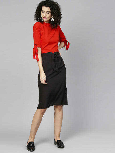 Women Orange & Black Solid Top with Skirt