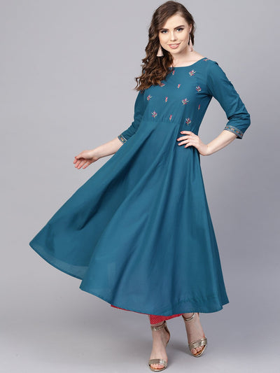 Teal blue Embroidered Kurta with Round neck & 3/4 sleeves