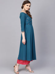 Teal blue Embroidered Kurta with Round neck & 3/4 sleeves