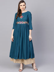 Rayon Teal Blue Embroidered Kurta with Round Neck & 3/4 sleeves