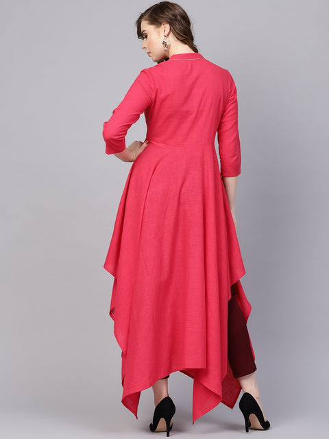 Cotton Fushia Pink Asyemmetric kurta with Madarin Collar & 3/4 sleeves