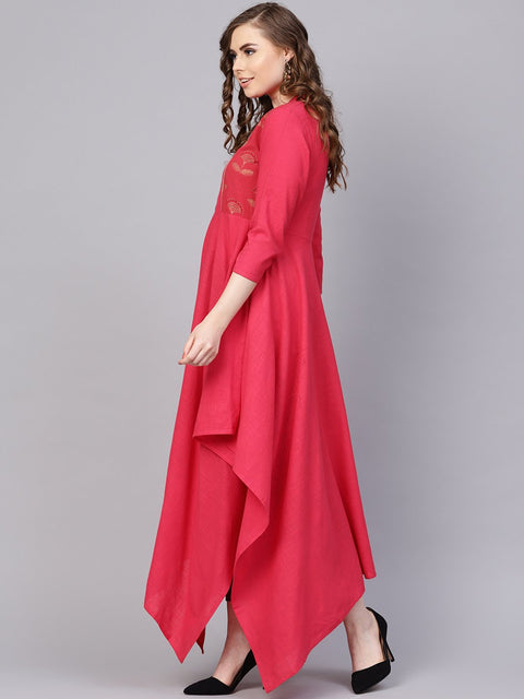 Cotton Fushia Pink Asyemmetric kurta with Madarin Collar & 3/4 sleeves