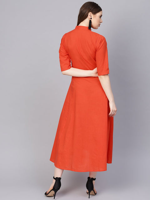 Solid Orange Maxi Dress with Madarin Collar & 3/4 sleeves