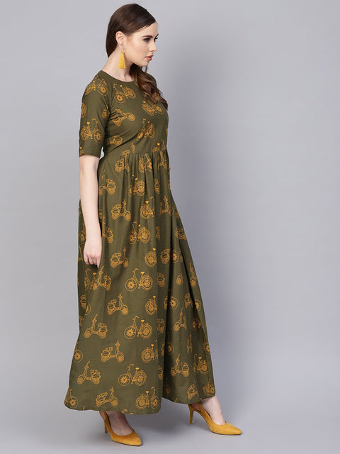 Military Green printed Maxi Dress with Side Shoulder Placket with Half sleeves