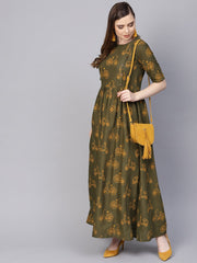 Military Green printed Maxi Dress with Side Shoulder Placket with Half sleeves