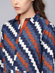 Indigo Blue Geometric Maxi Dress with Shirt Collar & 3/4 sleeves