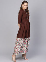 Dark Brown Maxi dress  with printed Border & Front placket with Madarin collar