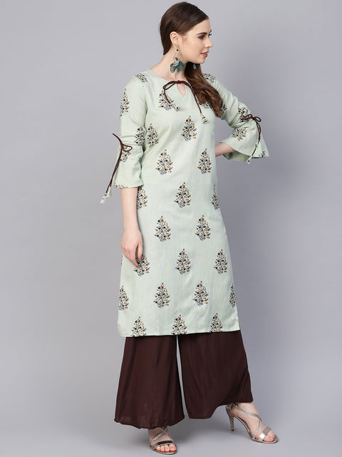Pista green floral printed kurta with a front keyhole and flared sleeves