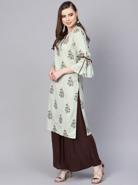 Pista green floral printed kurta with a front keyhole and flared sleeves