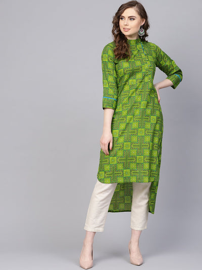 Green geometric printed with closed collar and side placket