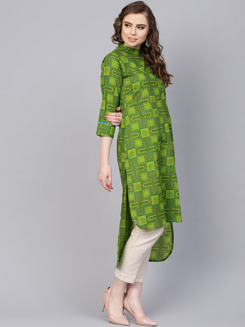 Green geometric printed with closed collar and side placket