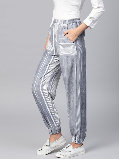 Grey Striped ankle length Jogger with Elastic Band