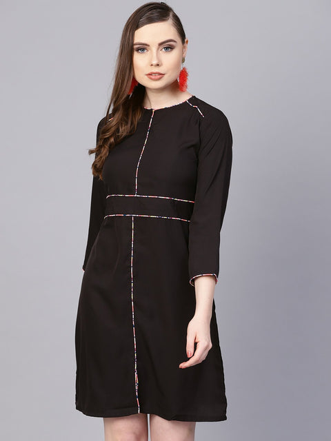 Solid Black dress with Printed Piping & Round Neck
