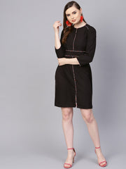 Solid Black dress with Printed Piping & Round Neck
