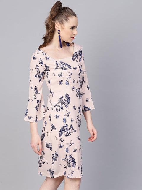 White Butterfly printed Dress with Square neck