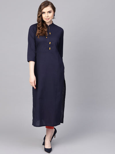 Navy Blue kurta with Contrasting detailed Placket with Madarin Collar